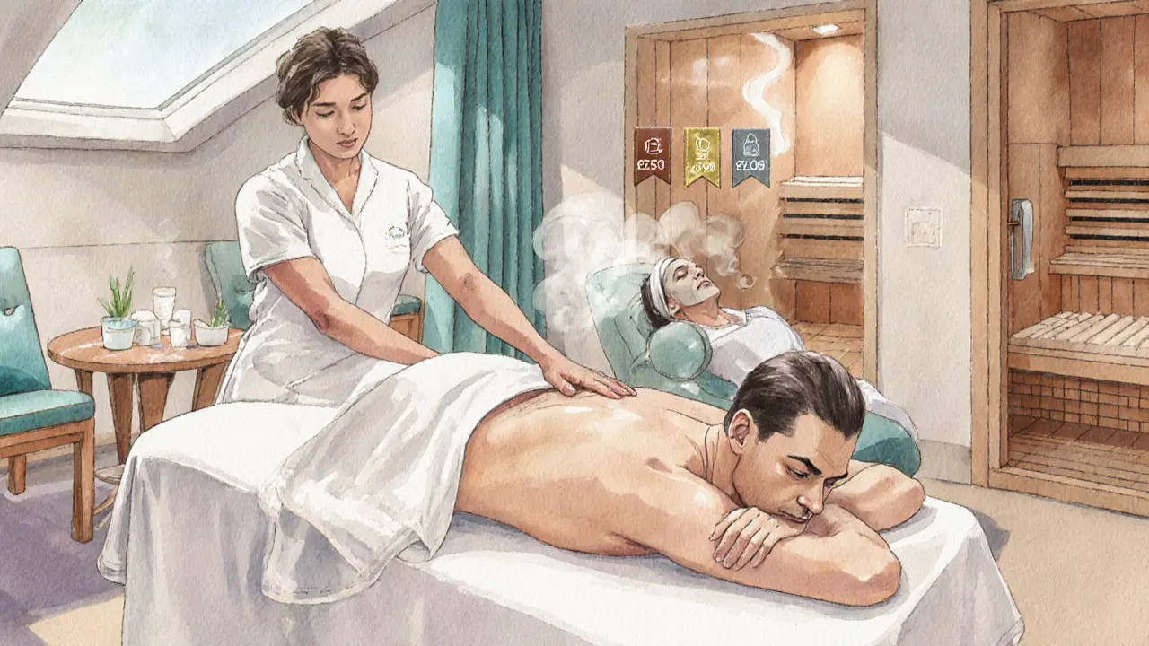 A client enjoying a massage, facial, and sauna in a mid‑range Dubai spa, surrounded by warm earth tones and serene decor.