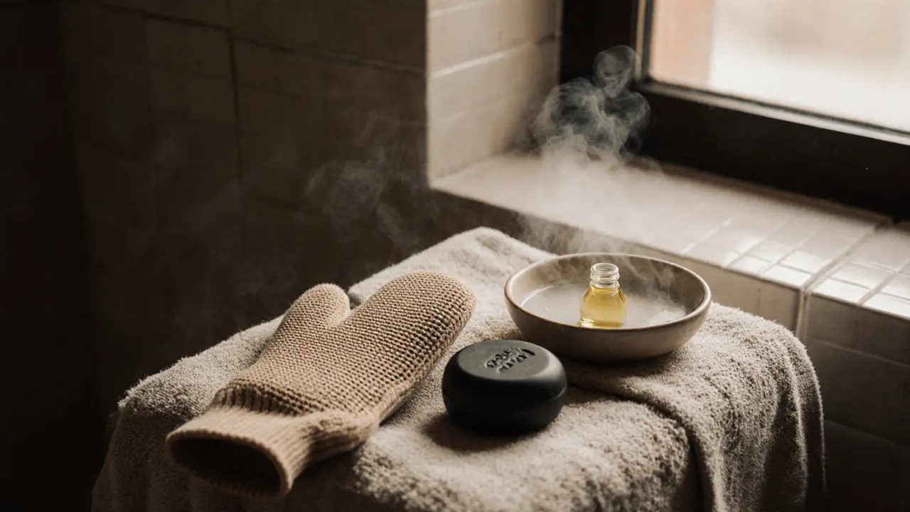 A kessa glove and black soap beside rosewater and argan oil on a linen towel.