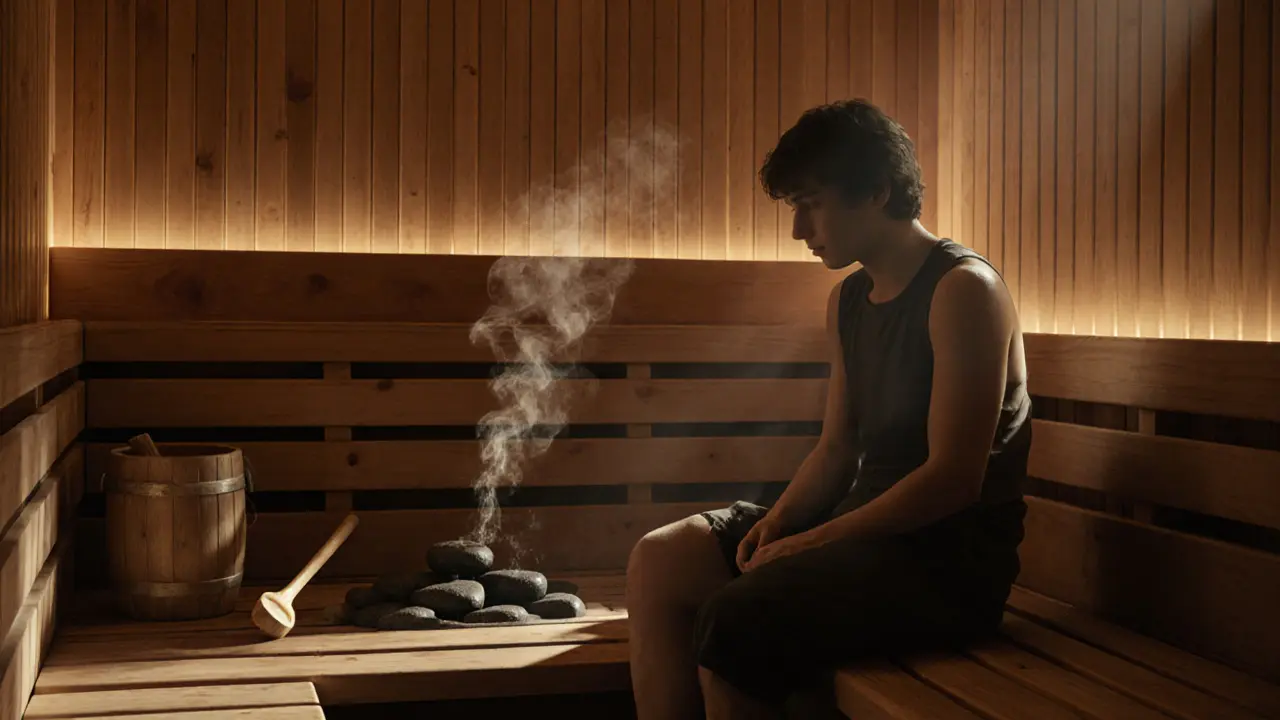 A person relaxing in a wooden Finnish sauna with steam rising from hot stones.