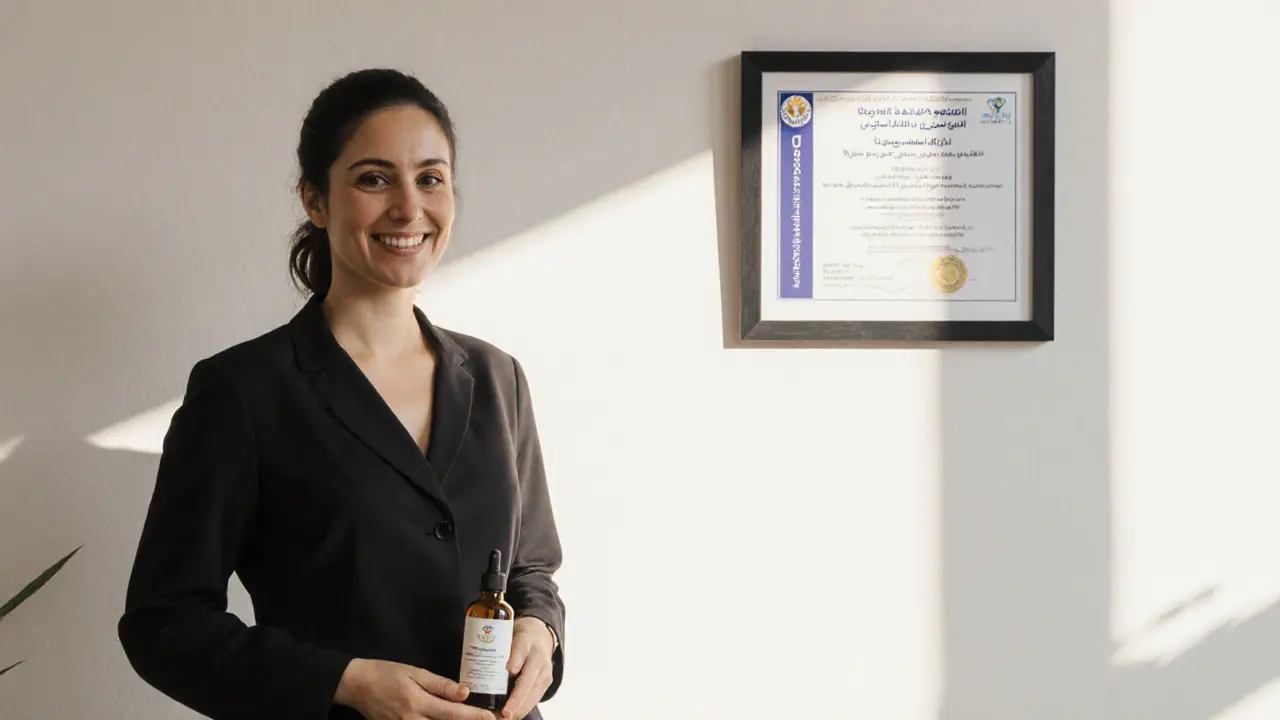 A professional therapist standing next to a Dubai Health Authority license on the wall.