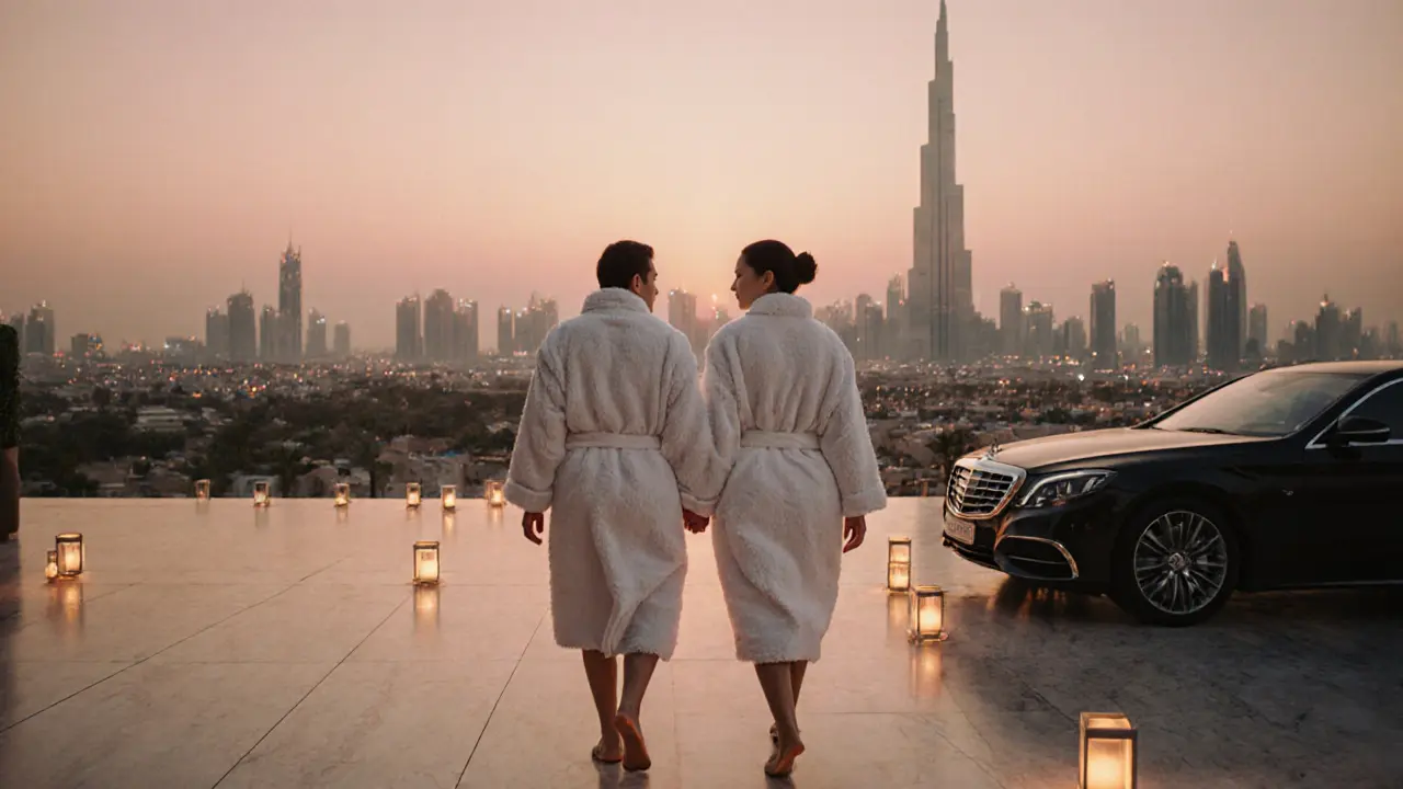 A relaxed couple exiting a luxury Dubai spa at sunset, holding towels and smiling, with city skyline in background.