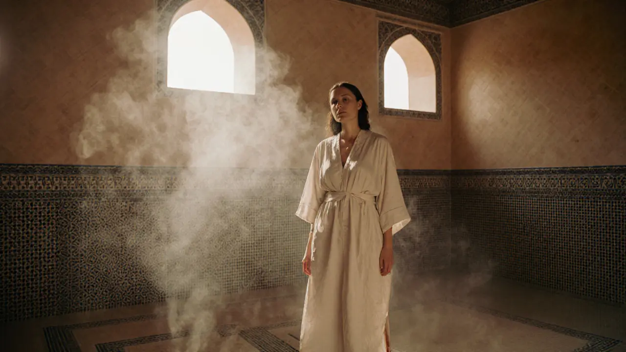 A woman in a robe outside a traditional Dubai hammam with steam rising.