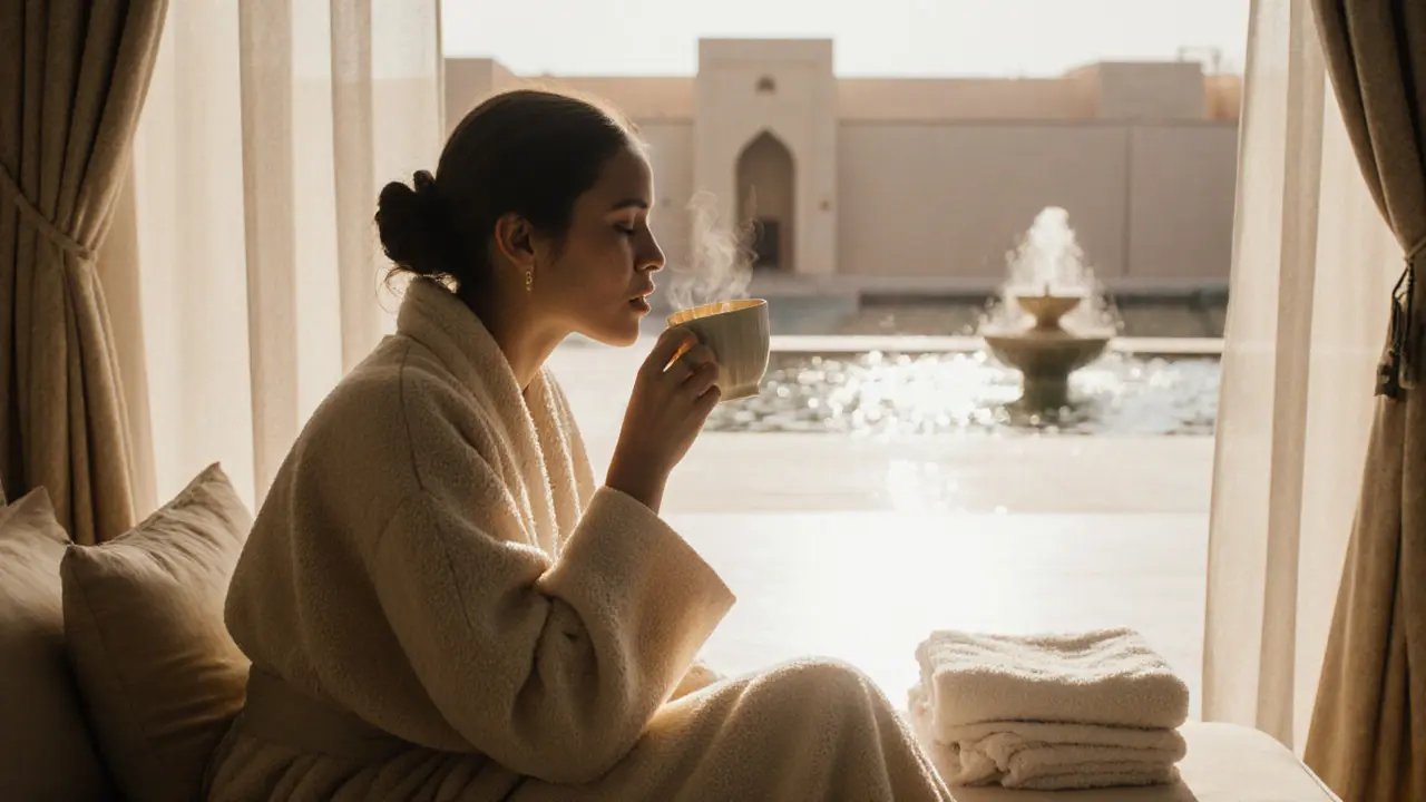 A woman relaxing in a robe, sipping tea in a quiet spa lounge after a massage.