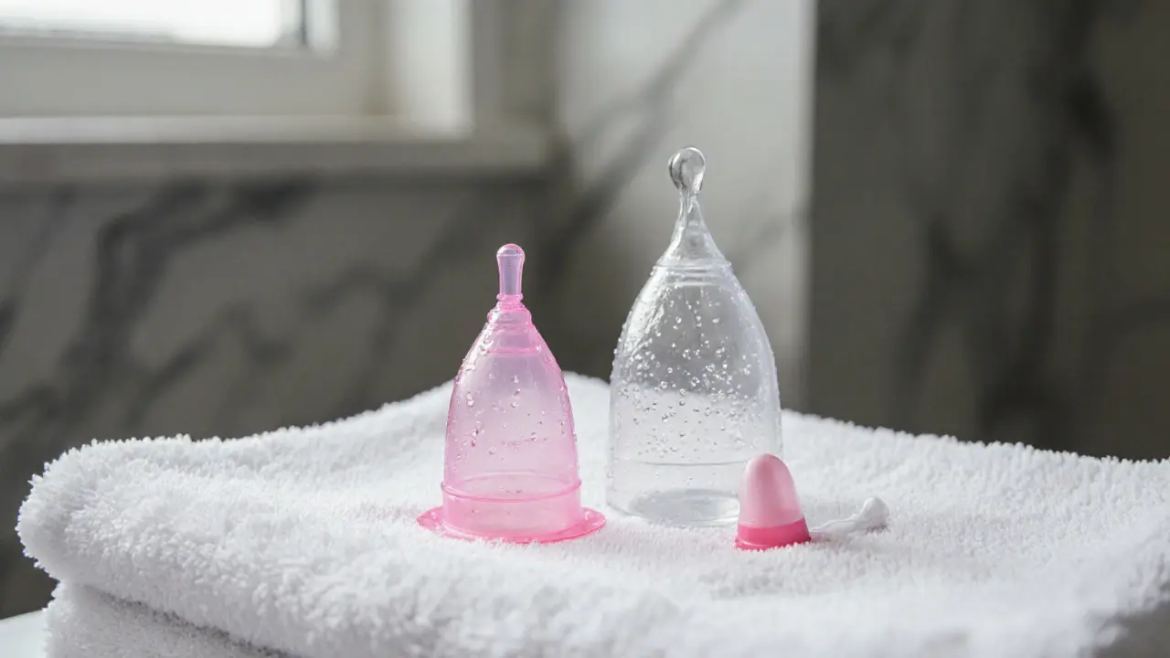 An unscented tampon and menstrual cup side by side on a clean towel.