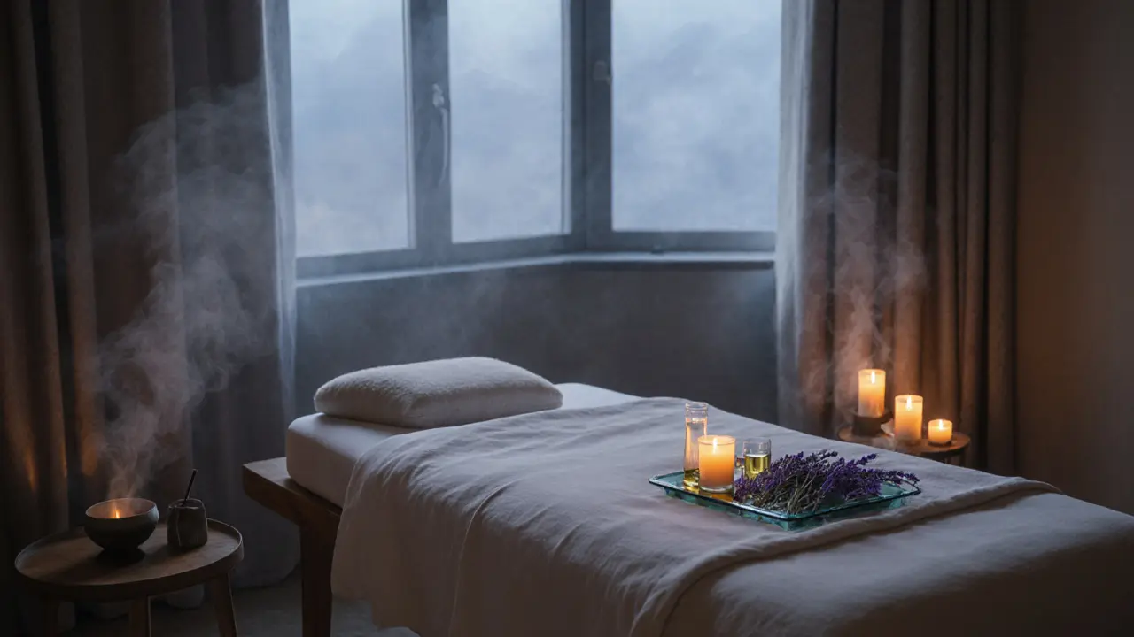 Calm spa room with empty massage table, candles, oil, and lavender, ready for a session.