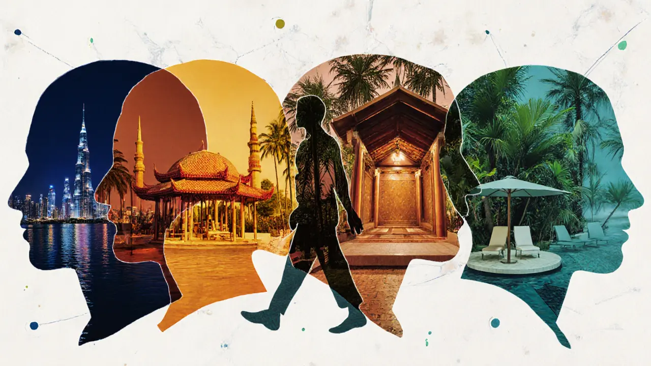 Collage of traveler experiencing body‑to‑body massages in various world locations.