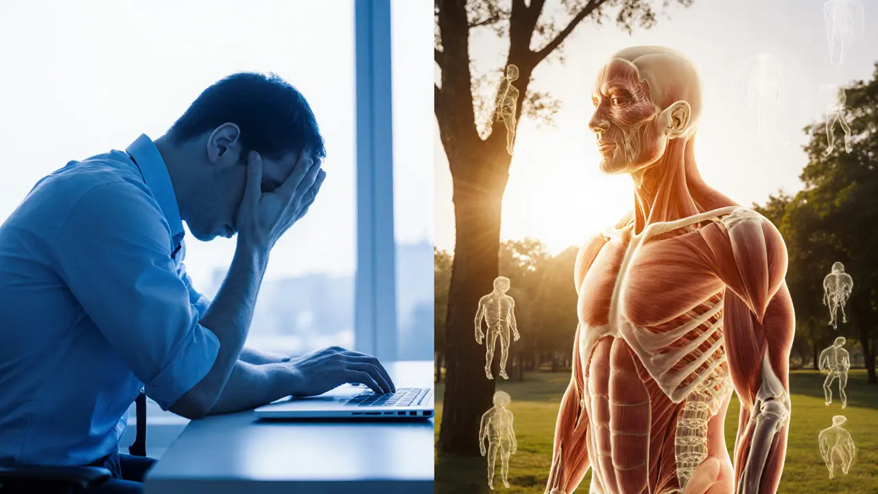 Concept art showing before‑and‑after effects of deep tissue massage on a person.