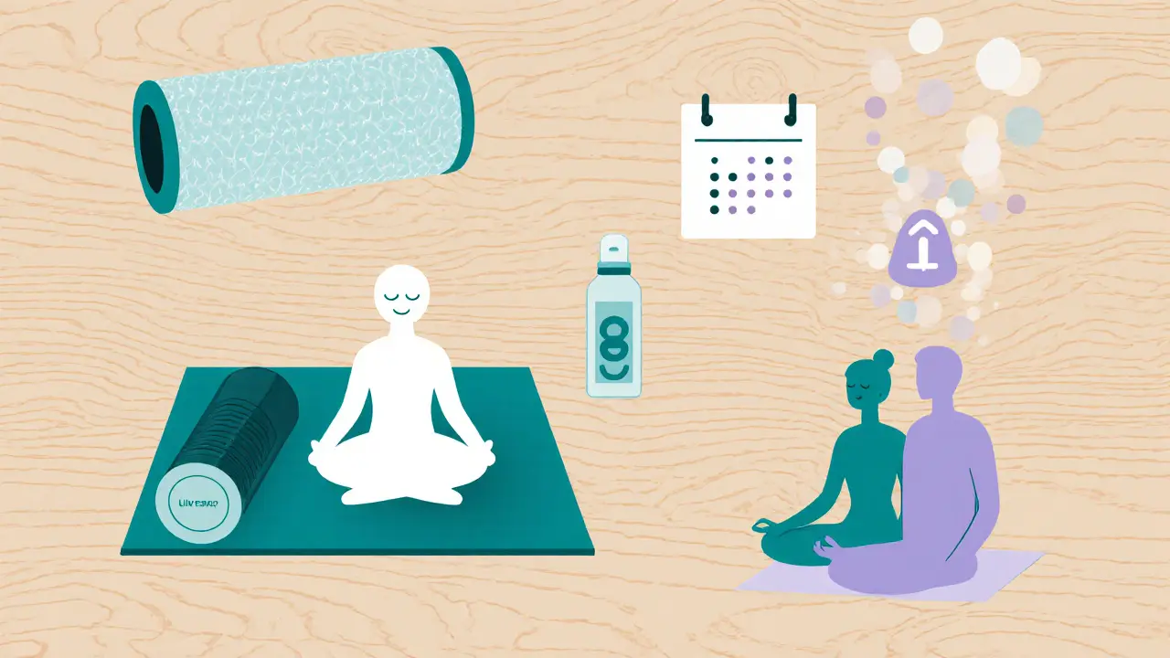 Flat design of foam roller, heating pad, yoga, meditation, water bottle, and essential‑oil diffuser.