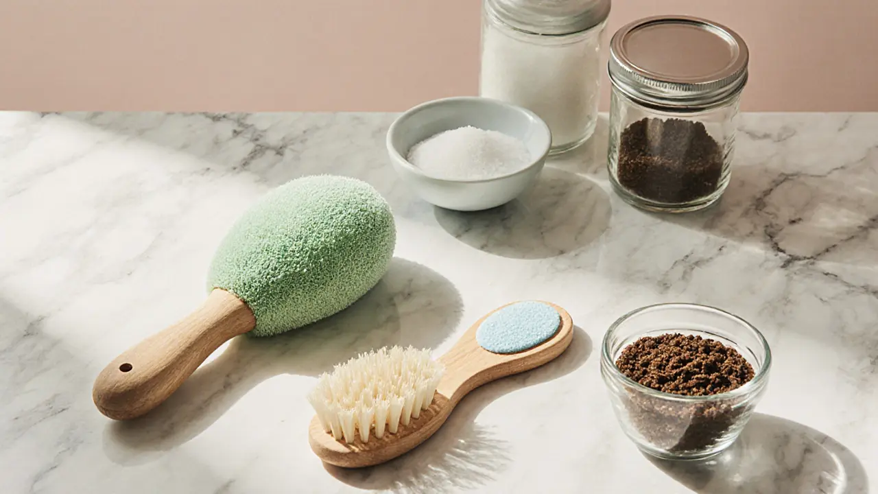 Flat‑lay of various natural body scrub tools on a marble vanity.