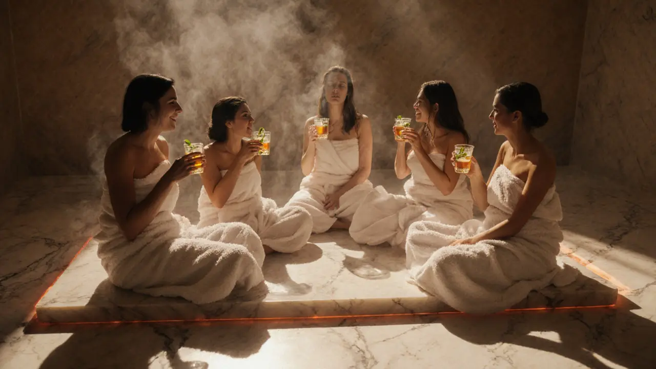 Friends wrapped in towels relaxing on marble, drinking mint tea after a hammam session.