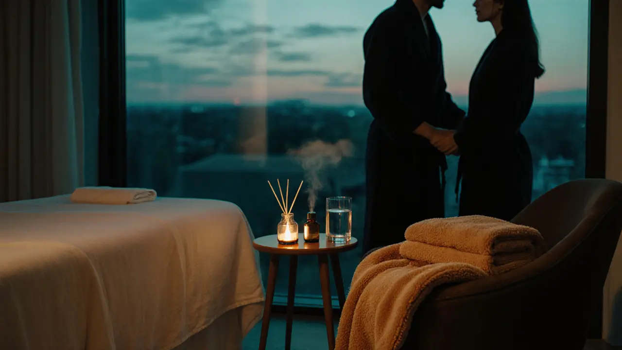 Home massage space with table, blanket, robe, and couple preparing attire.