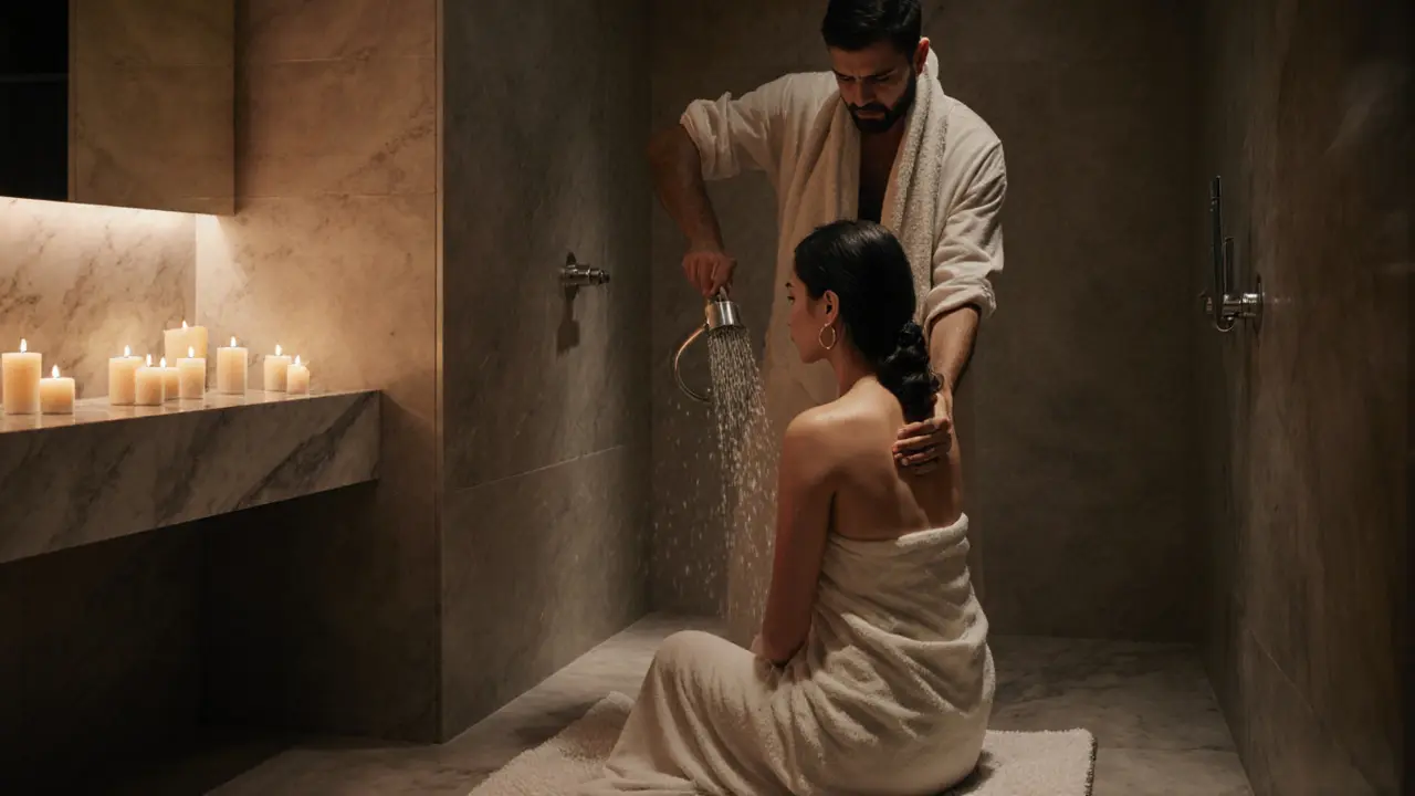 Husband pours warm water over his wife's back in a private, candlelit bathroom.