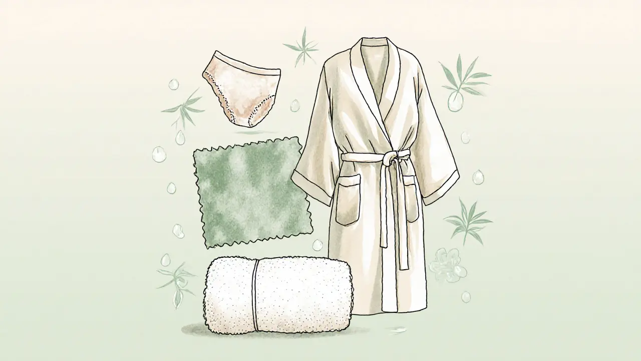 Illustration of cotton underwear, bamboo fabric, silk robe, and towel laid out.