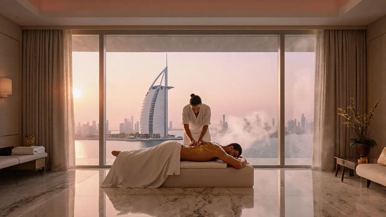 Luxurious Dubai spa suite with marble floor, skyline view, and body‑to‑body massage.