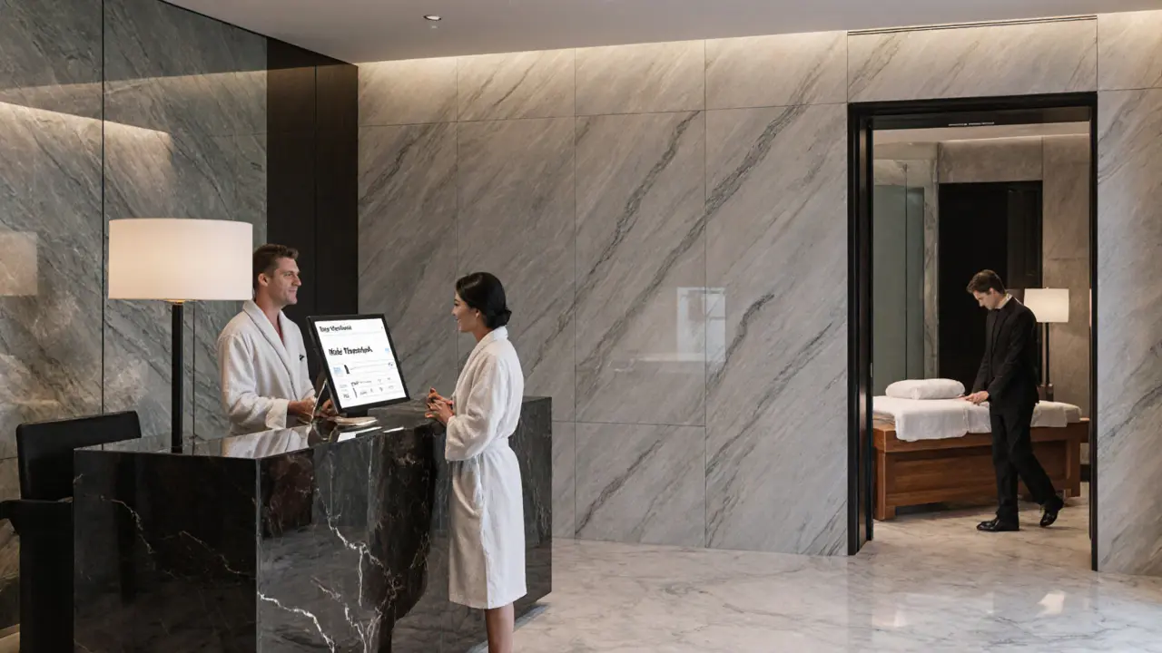 Luxury Dubai spa lobby where a guest requests a male therapist at the reception desk.