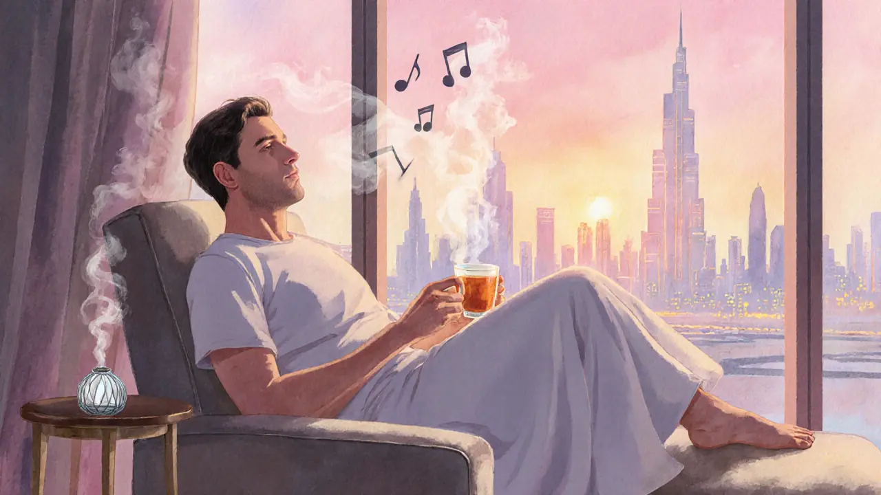 Male client relaxing in lounge with tea, aromatherapy, and sunset view of Dubai skyline.