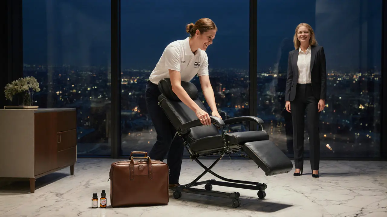 Mobile therapist setting up a portable chair massage in a corporate lobby with city views.