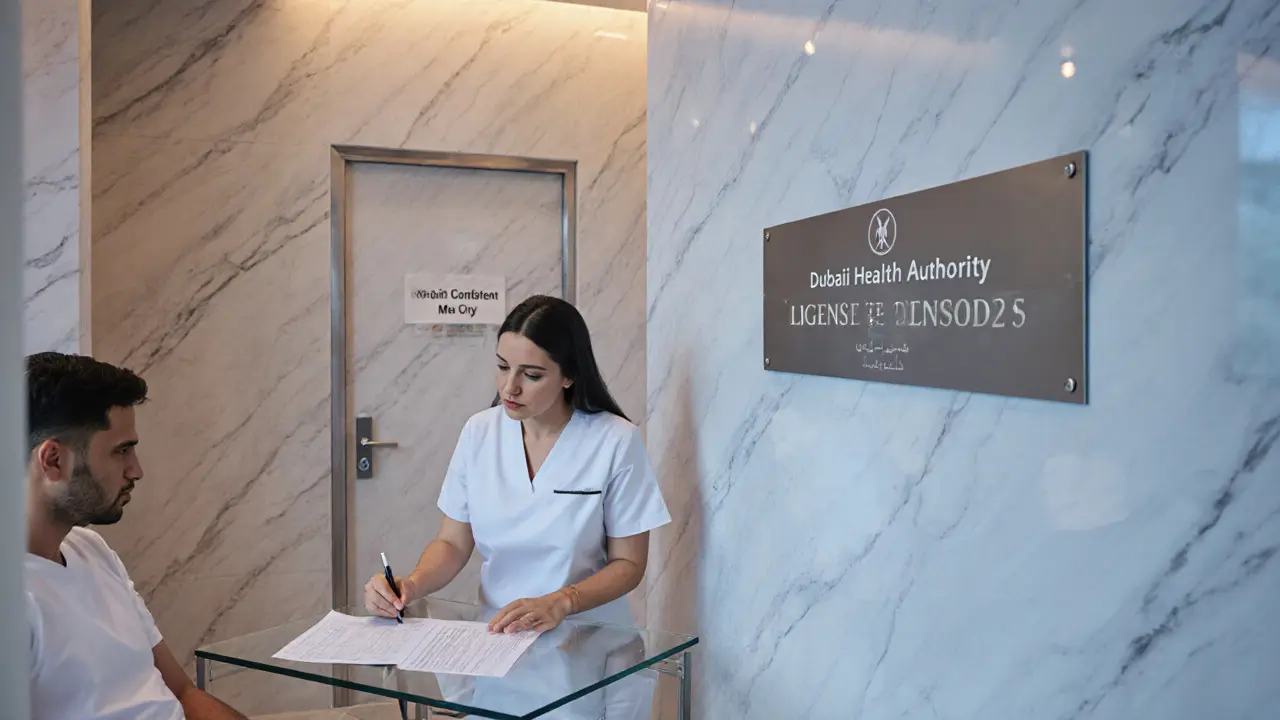 Modern Dubai spa room with therapist, client, consent form, and DHA licence plaque.