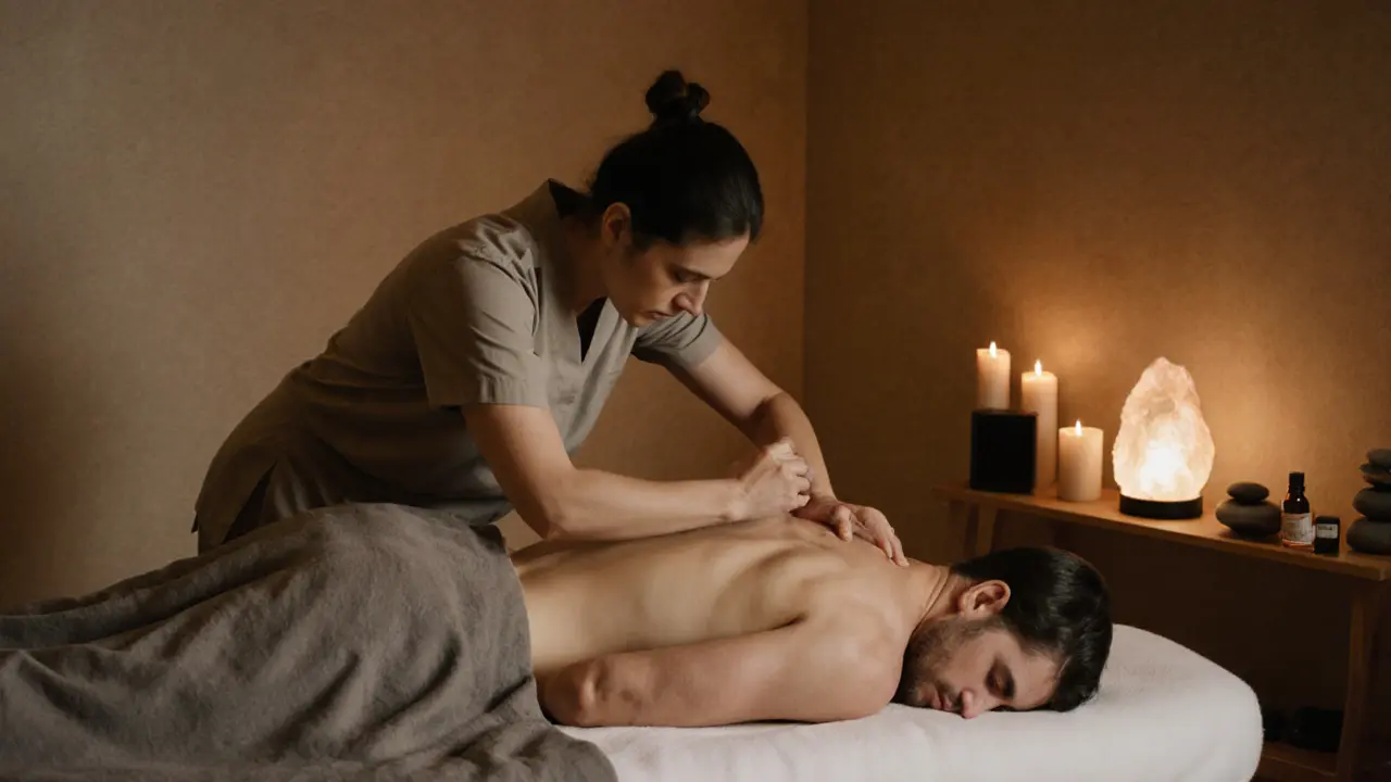 Modern spa setting with a therapist performing deep tissue massage on a client.
