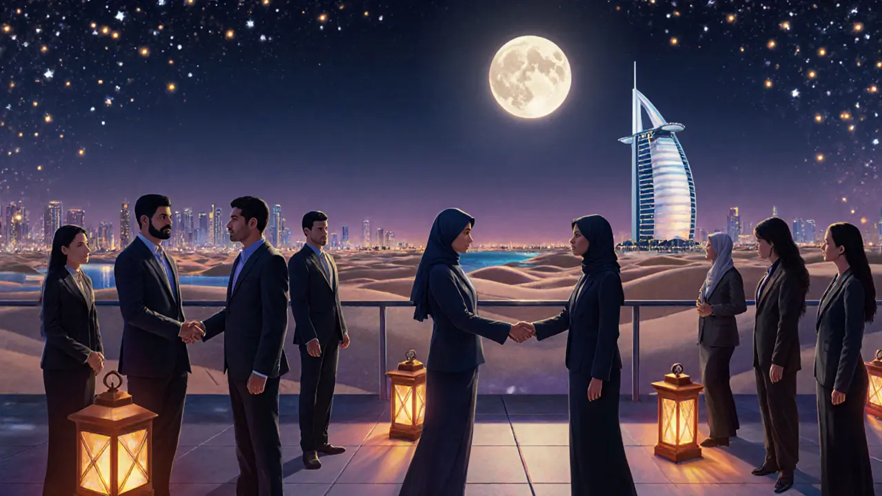 Nighttime rooftop gathering in Dubai with diverse professionals exchanging respectful handshakes.