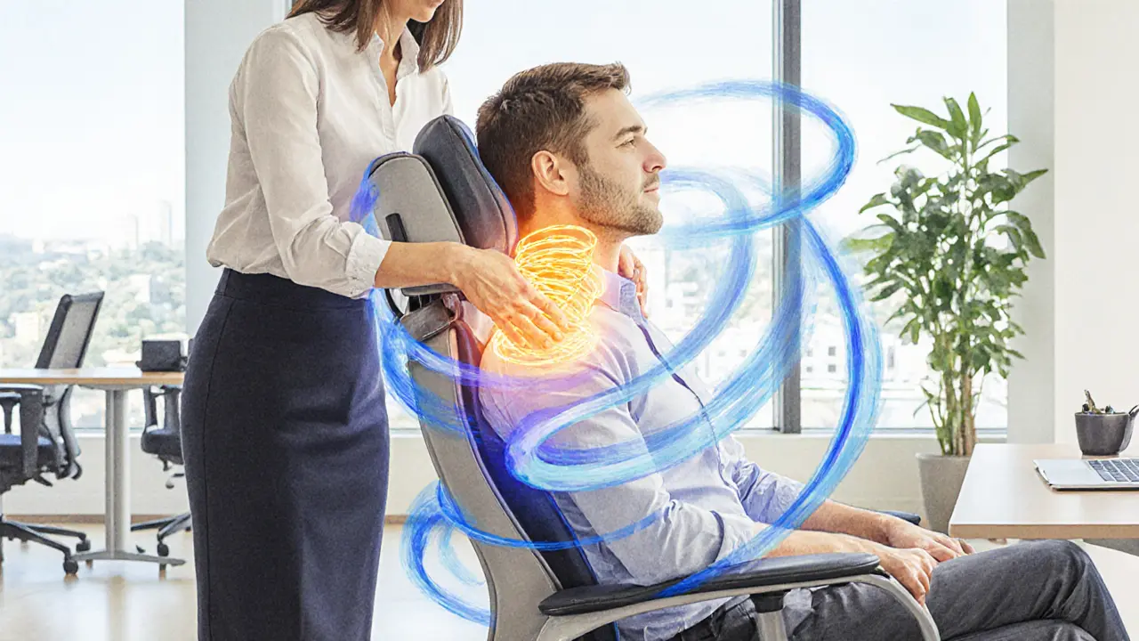 Office break scene showing a seated client receiving a chair massage with soothing watercolor aura.