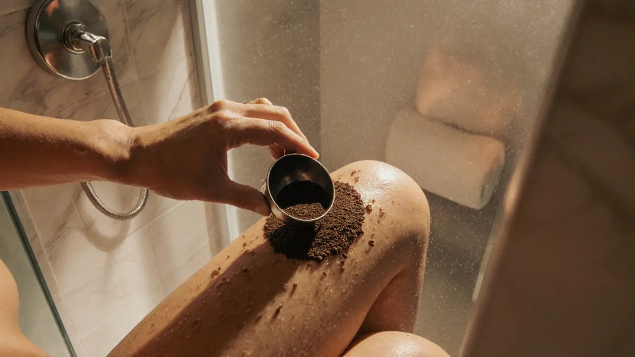 Person applying coffee scrub in a steamy shower.