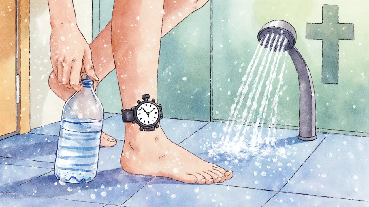 Person exiting steam room, drinking water, checking watch, and taking a cool shower.