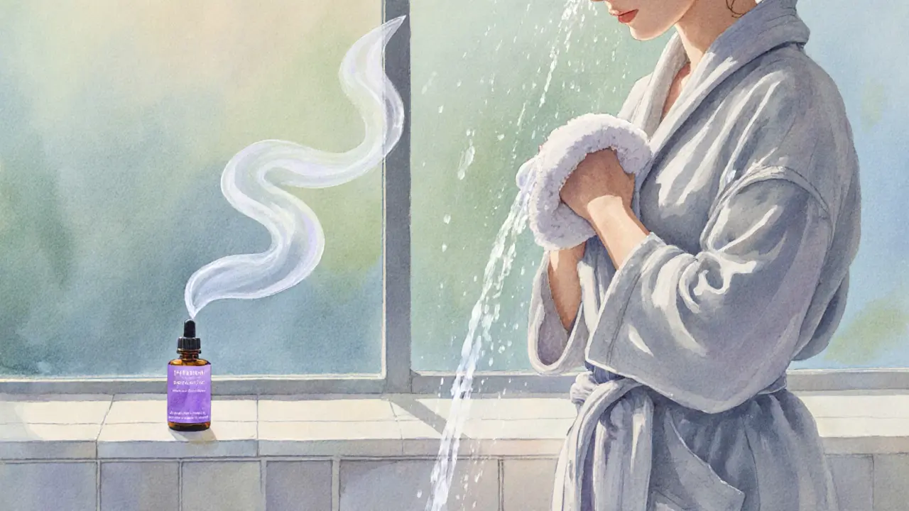 Person in a robe gently rinsing with lukewarm water beside an oil bottle.