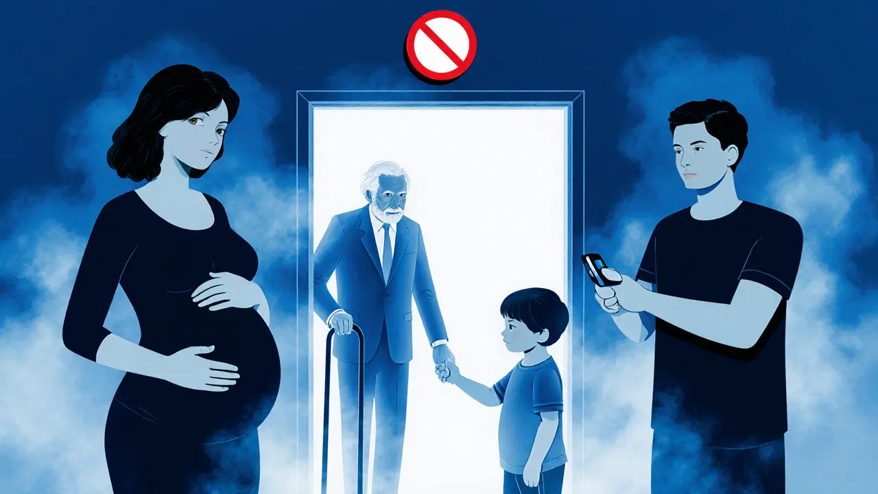 Pregnant woman, elderly man, child, and diabetic adult near a steam‑room doorway with caution icons.