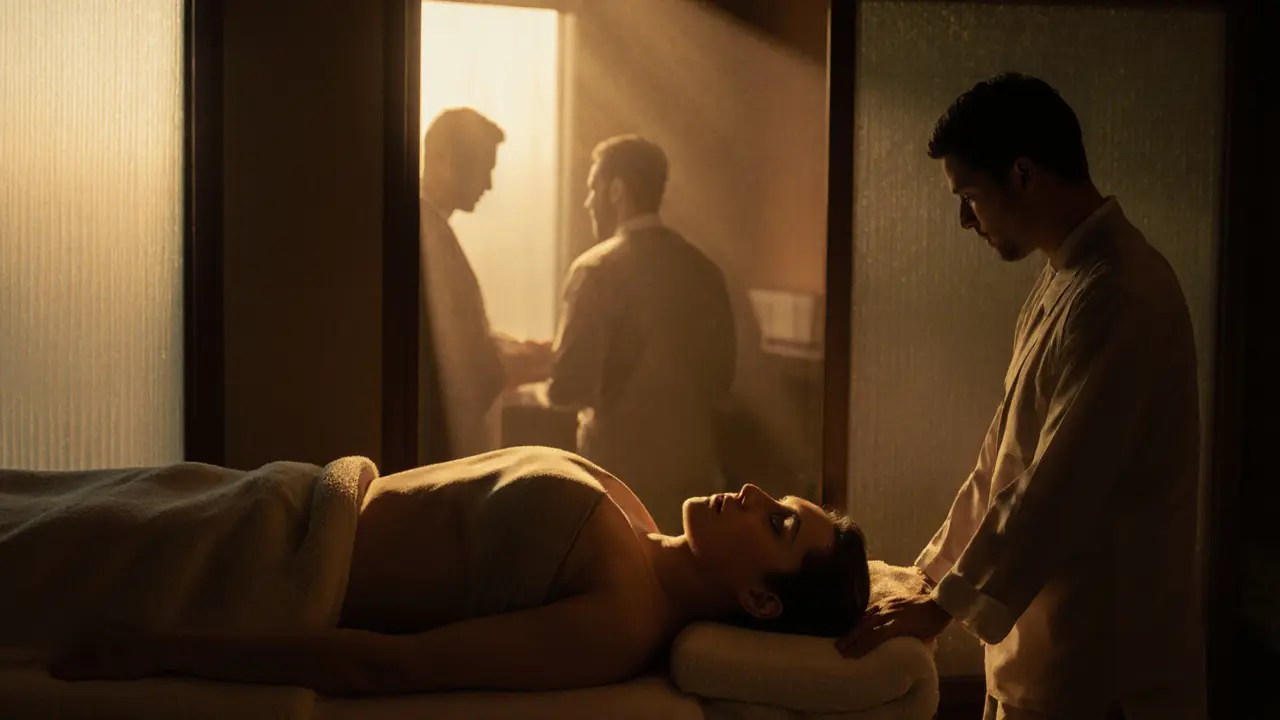 Relaxed client receiving a massage from a male therapist in a softly lit Dubai spa room.