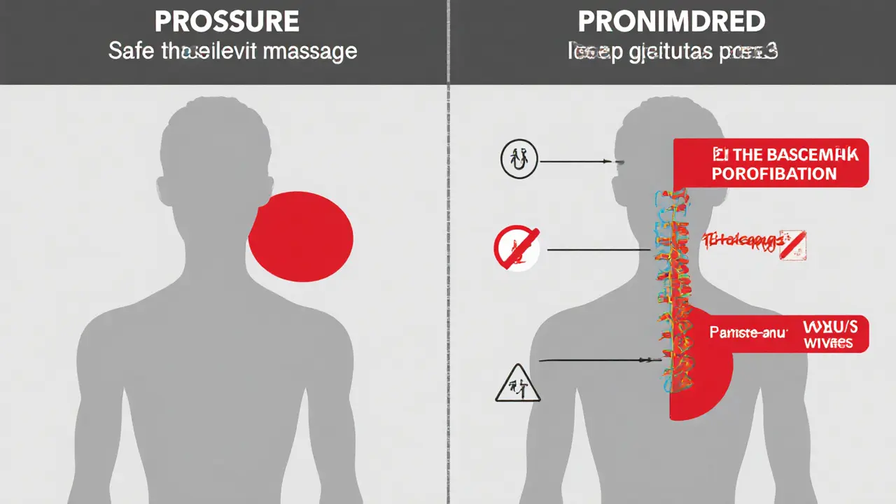Side-by-side anatomy diagram showing safe and unsafe deep tissue massage zones.