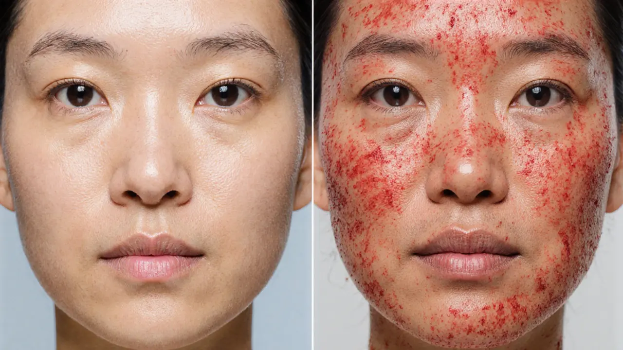 Side-by-side comparison of healthy skin versus irritated skin after scrubbing.
