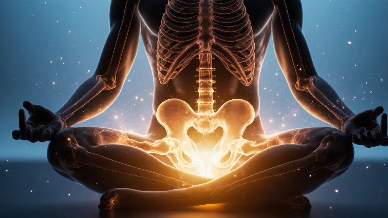 Silhouette with glowing lines from hips showing circulation and relaxation.