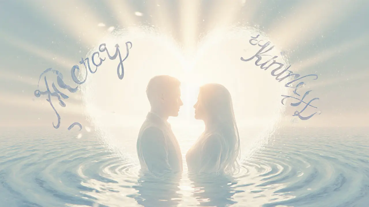 Silhouettes of a couple surrounded by water ripples and light, showing intimacy.