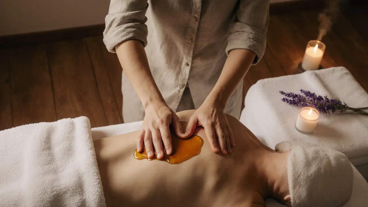 Therapist applying amber essential oil to a client in a warm spa room.