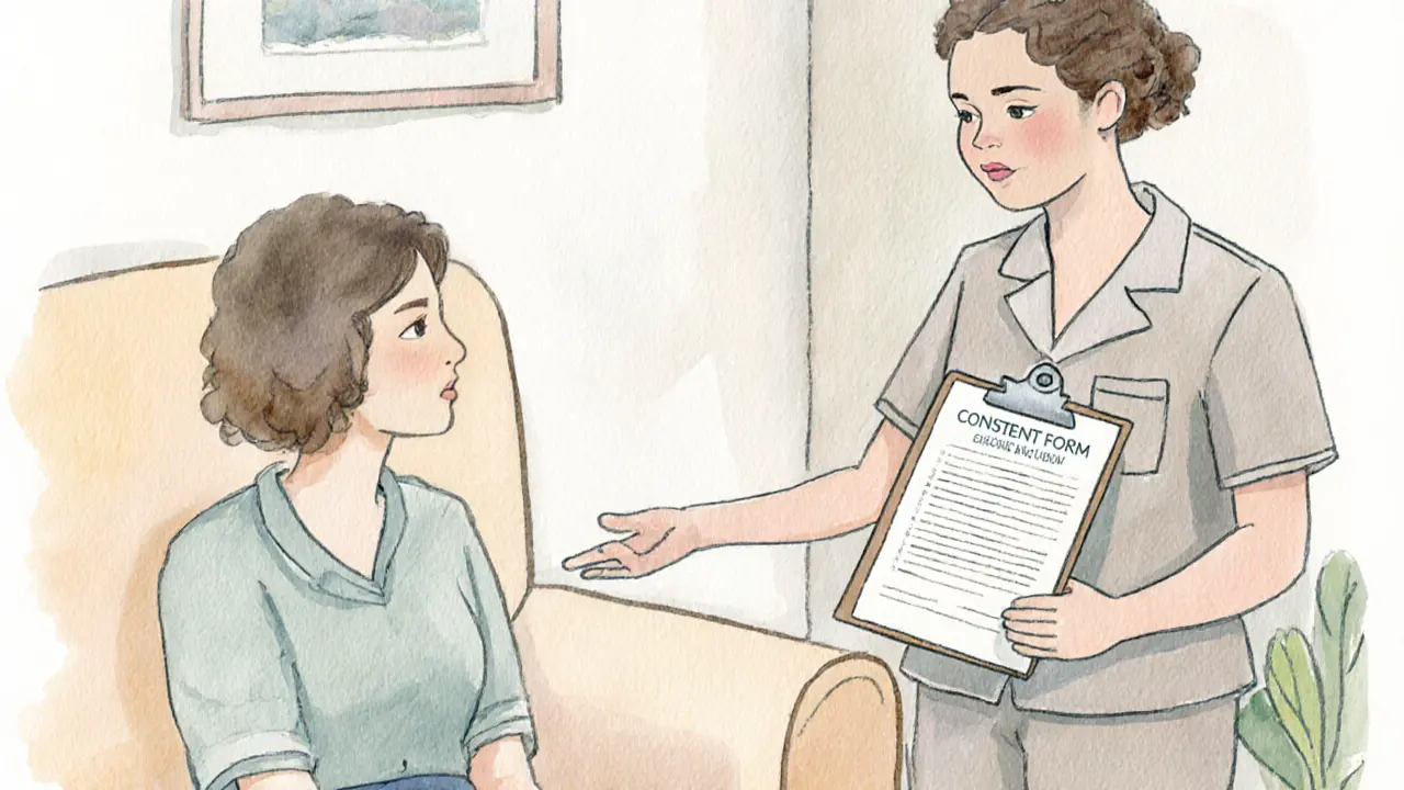 Therapist discussing consent with client, gesturing toward pelvic area.