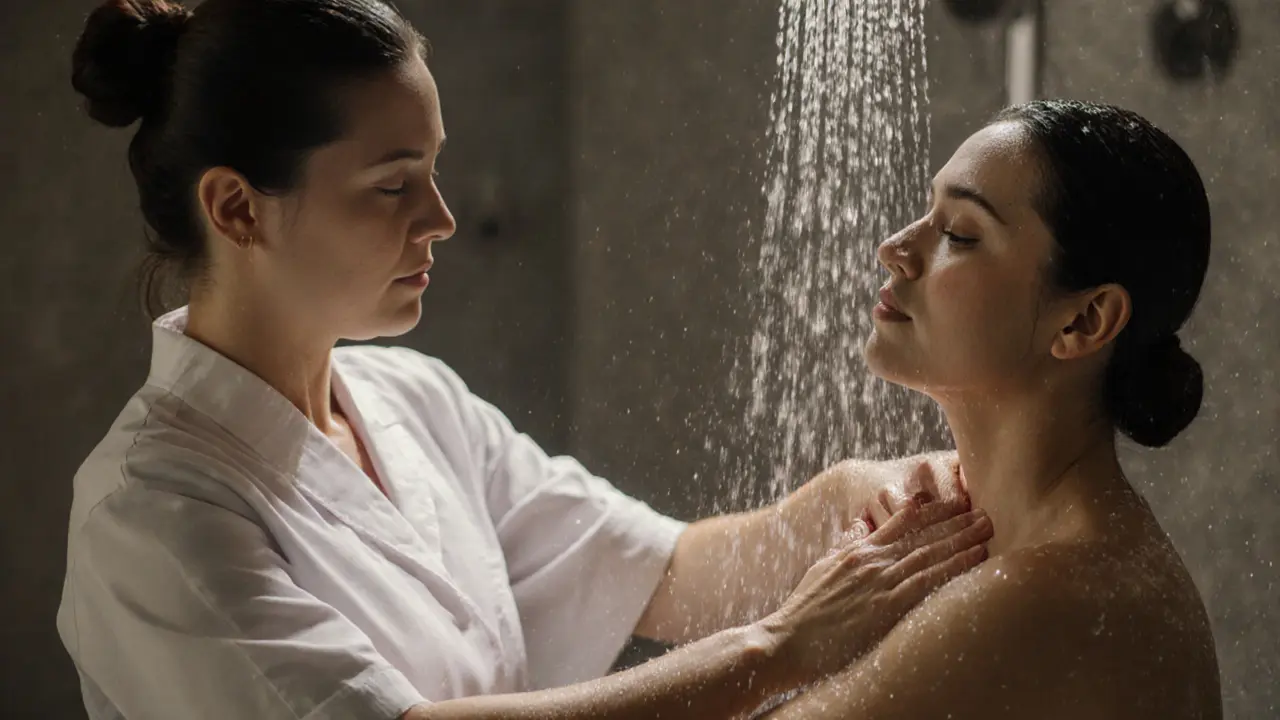 Therapist massaging a client's arm while warm water flows from overhead nozzles during a Vichy treatment.