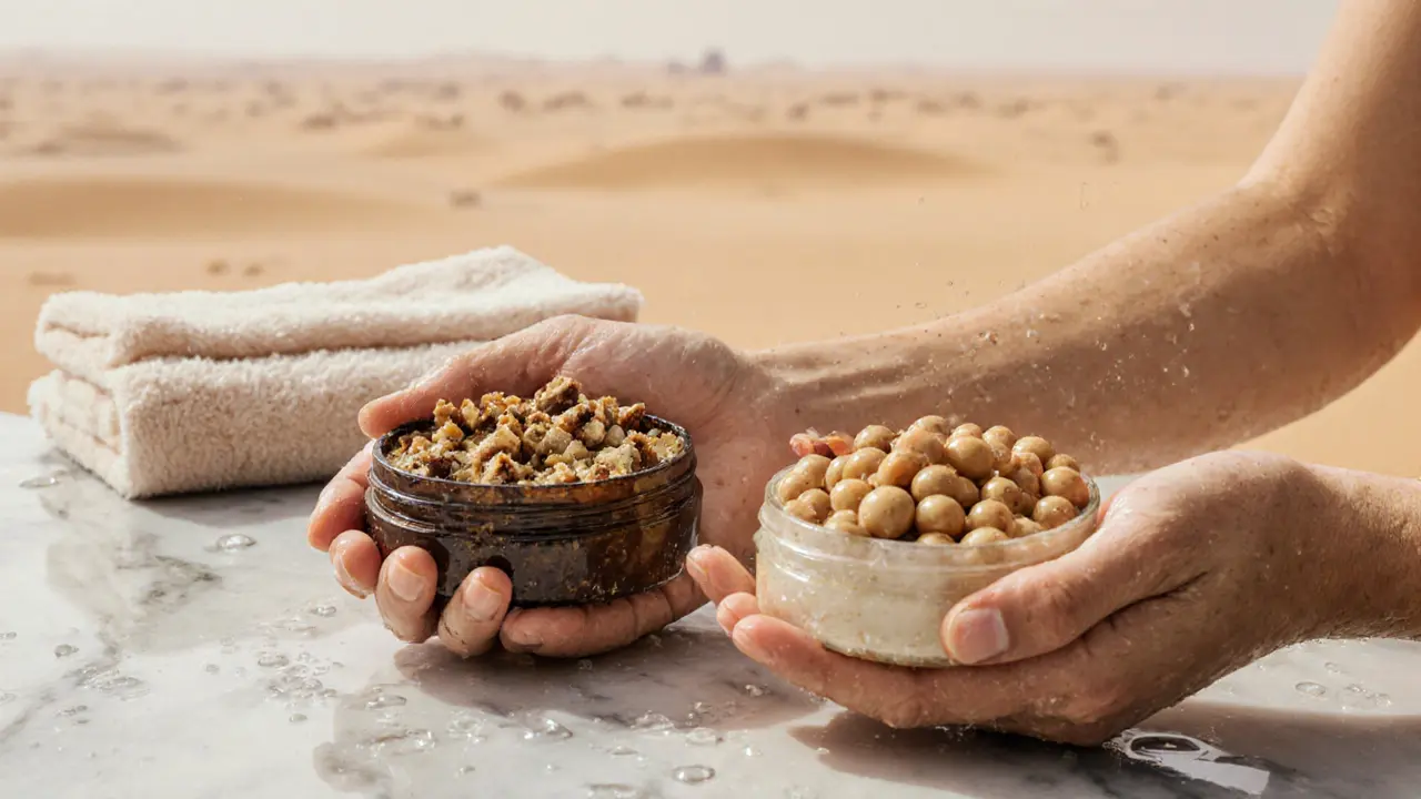 Two body scrubs side by side: one with jagged particles, one with smooth beads.