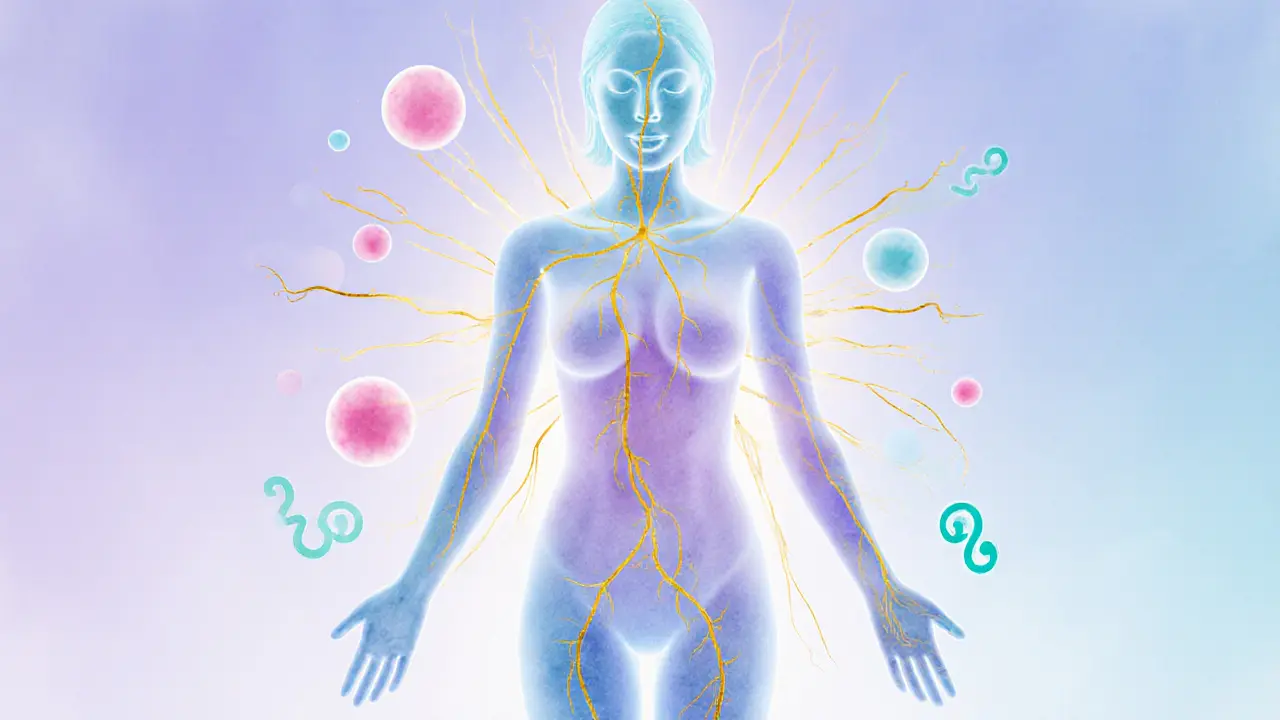 Watercolor female silhouette with glowing veins and orbs illustrating circulation and relaxation.