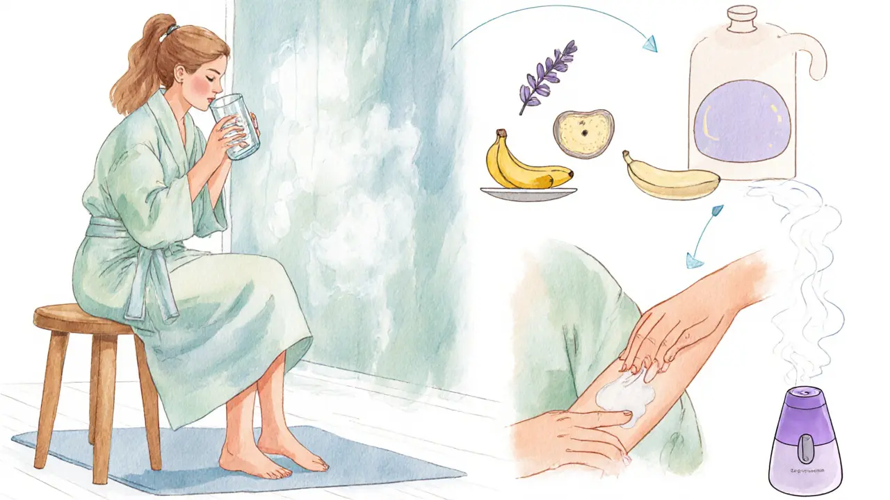 Watercolor of a woman doing post‑massage steps: drinking water, banana, shower, stretches, moisturizer, breathing.