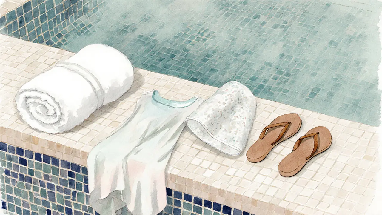 Watercolor of towel, paper wrap, peignoir, and flip‑flops arranged on a tiled bench.