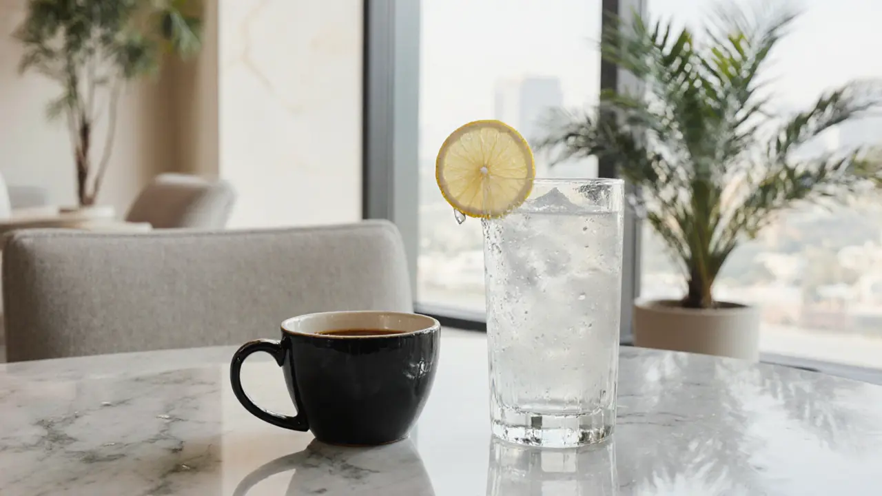 A black coffee cup next to coconut water and lemon slice on a marble table in a serene spa lounge.