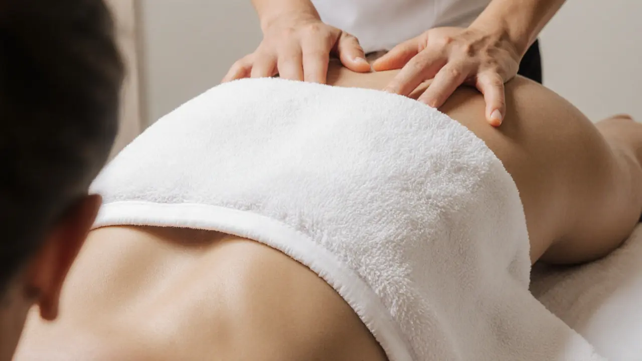 A clean white towel securely covering the hip area during a professional massage session.