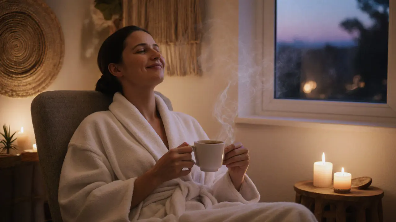 A client relaxes in a robe after a session, holding herbal tea in a quiet, candlelit lounge, eyes closed in serene calm.