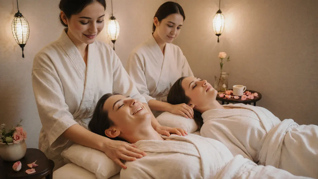 A couple receiving side-by-side massages in a peaceful, luxurious spa room.