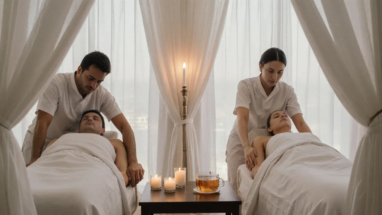 A couple relaxing side-by-side during a massage, both covered with towels in a serene spa.