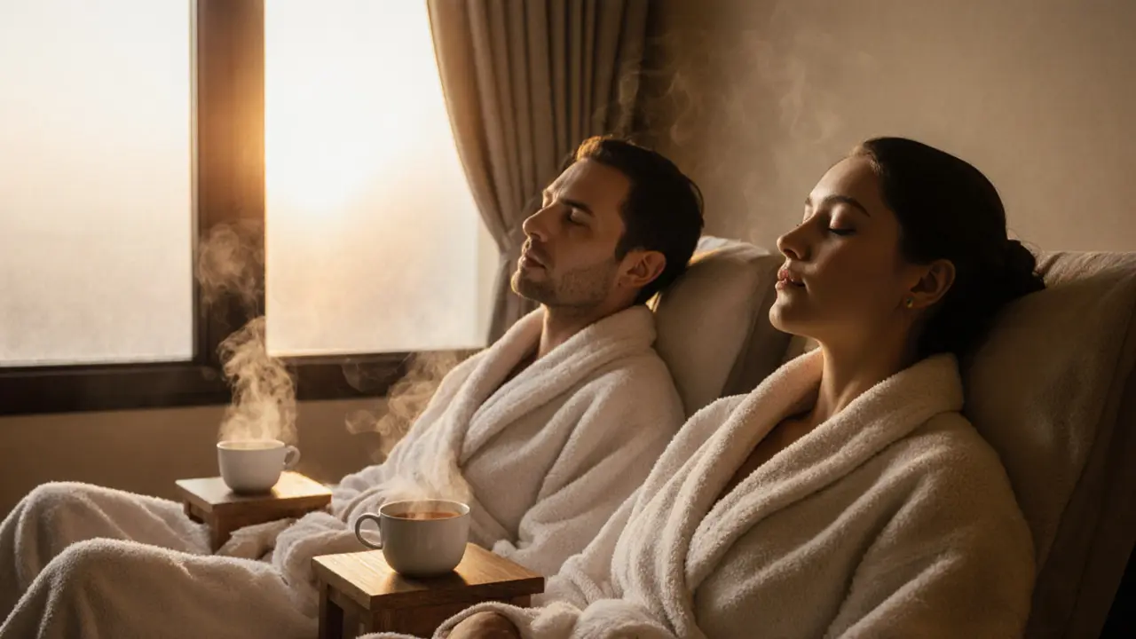 A couple relaxing side-by-side in a spa room, each wrapped in towels, eyes closed in calm.