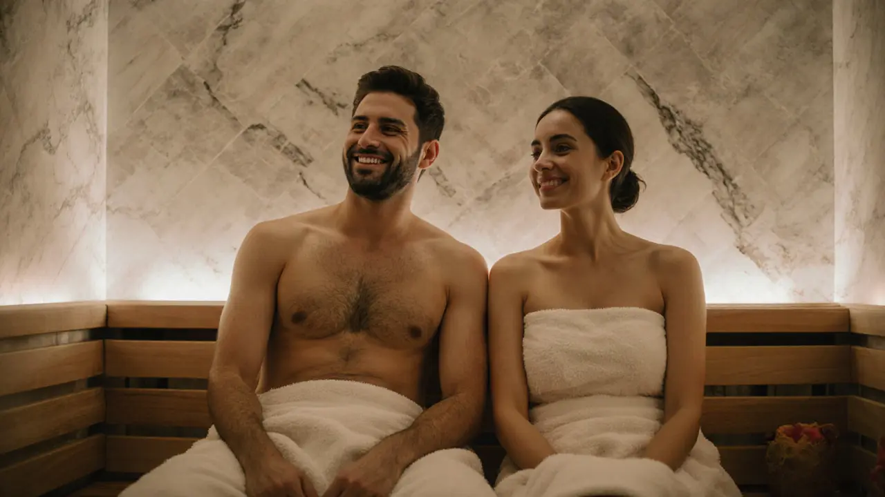 A couple sitting quietly together in a private sauna, smiling softly.