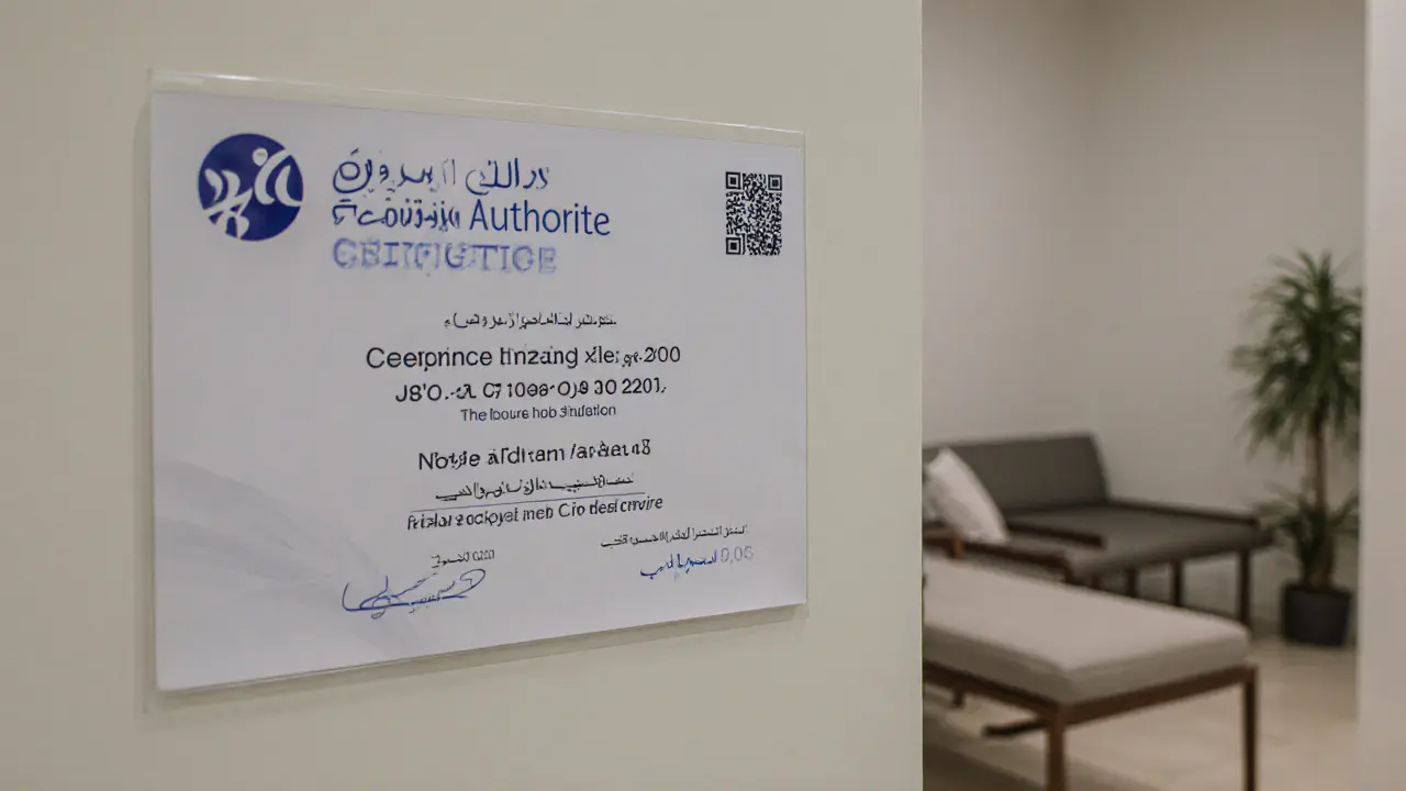 A Dubai Health Authority license displayed on a clinic wall with certification details visible.