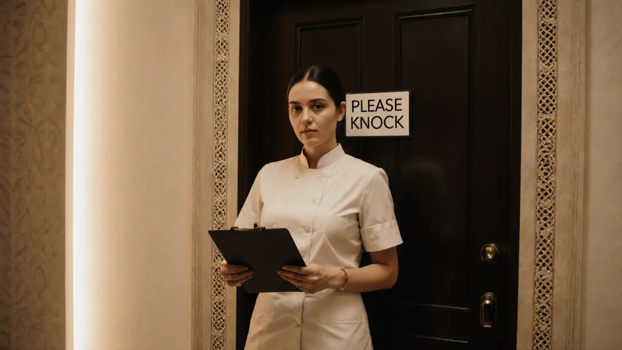 A female therapist standing respectfully outside a spa treatment room door.